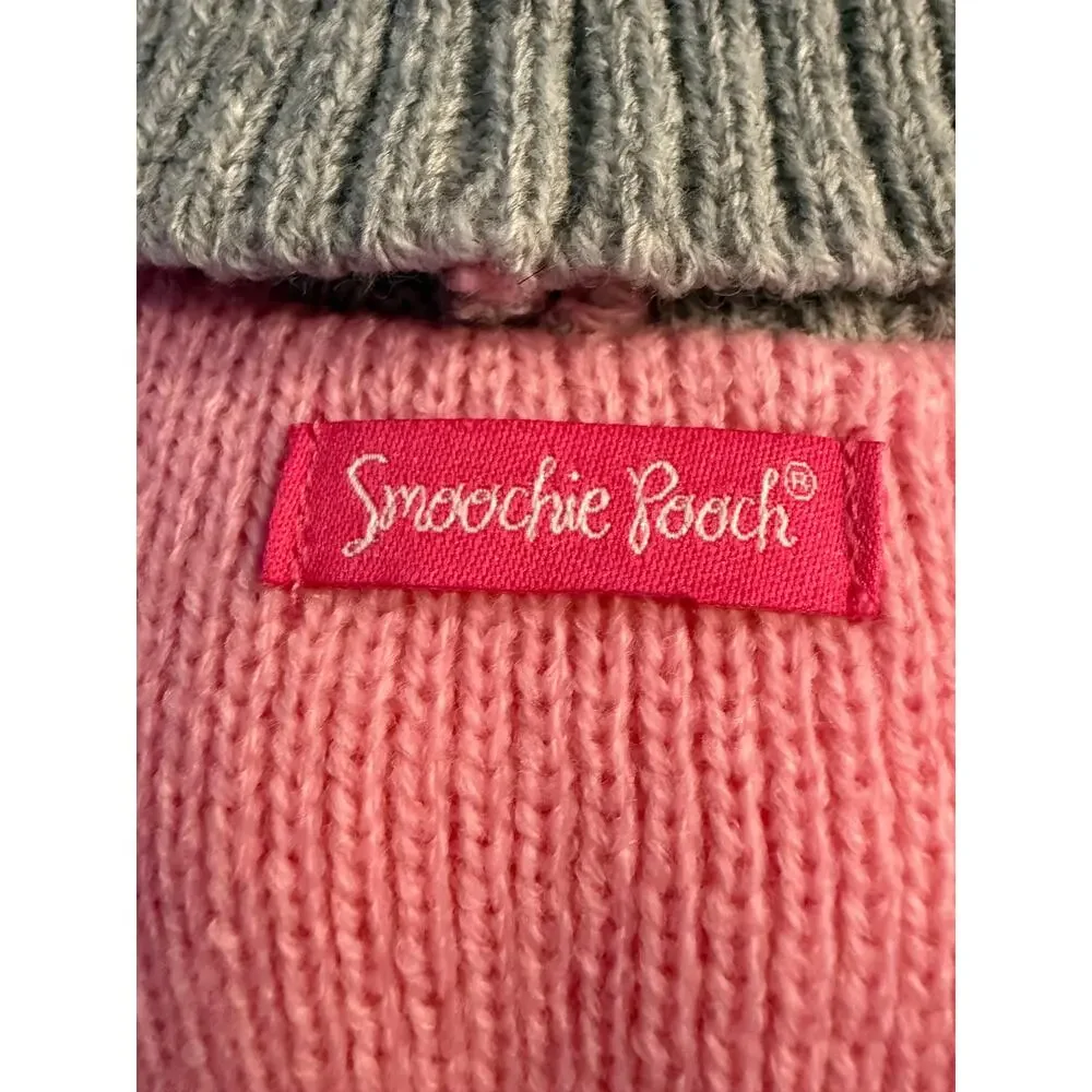 Smoochie Poochie Size Medium Striped Knit Dog Sweater - Pink Blue Gray Pom Poms